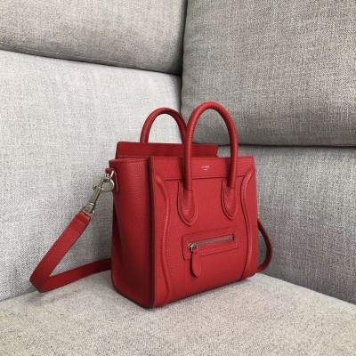 Celine Nano Luggage Tote Bag In Red Drummed Calfskin