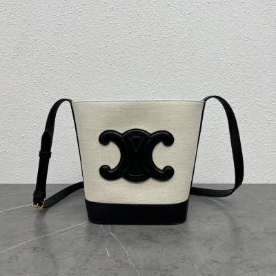 Celine Small Bucket Cuir Triomphe In White Textile